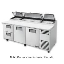 True TPP-AT-93D-2-HC 93 1/2" Refrigerated Pizza Prep Table with Two Doors and Two Drawers on the Left with 4 Shelves, 12 Pans and Hydrocarbon Refrigerant