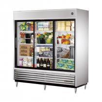 True TSD-69G-LD 78" TSD Series Reach-In Refrigerator With 3 Glass Sliding Doors, Aluminum Interior And 9 PVC Coated Shelves With LED Interior Lighting, 115 Volts