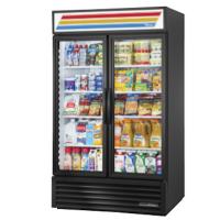 True GDM-43-HC~TSL01 47 1/8" Black Two Section Two Swing Glass Door Refrigerated Merchandiser with LED Lighting - 115V